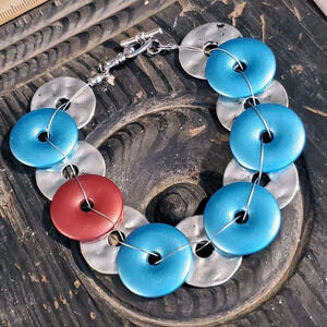 Mid Century Modern Style Handcrafted Silver Blue Cinnamon Disc Beads Bracelet